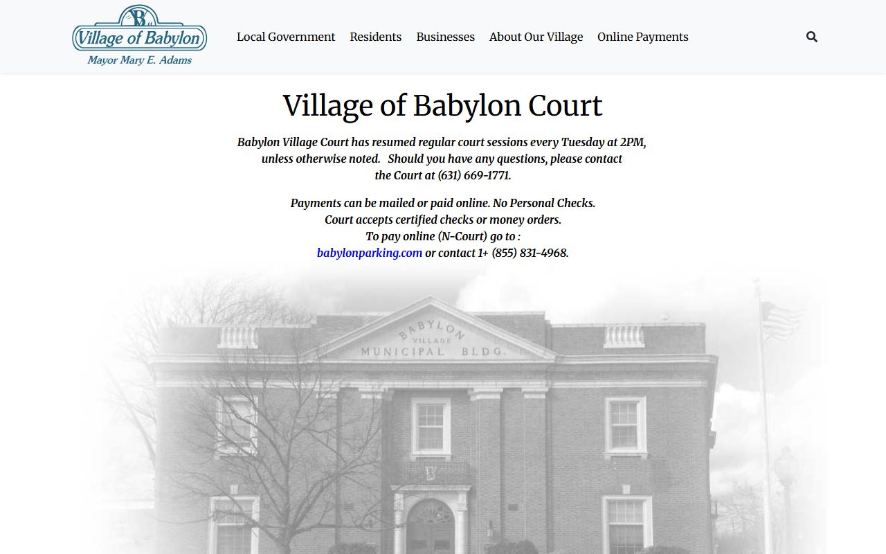 Village of Babylon Court information page showing hours and session schedule