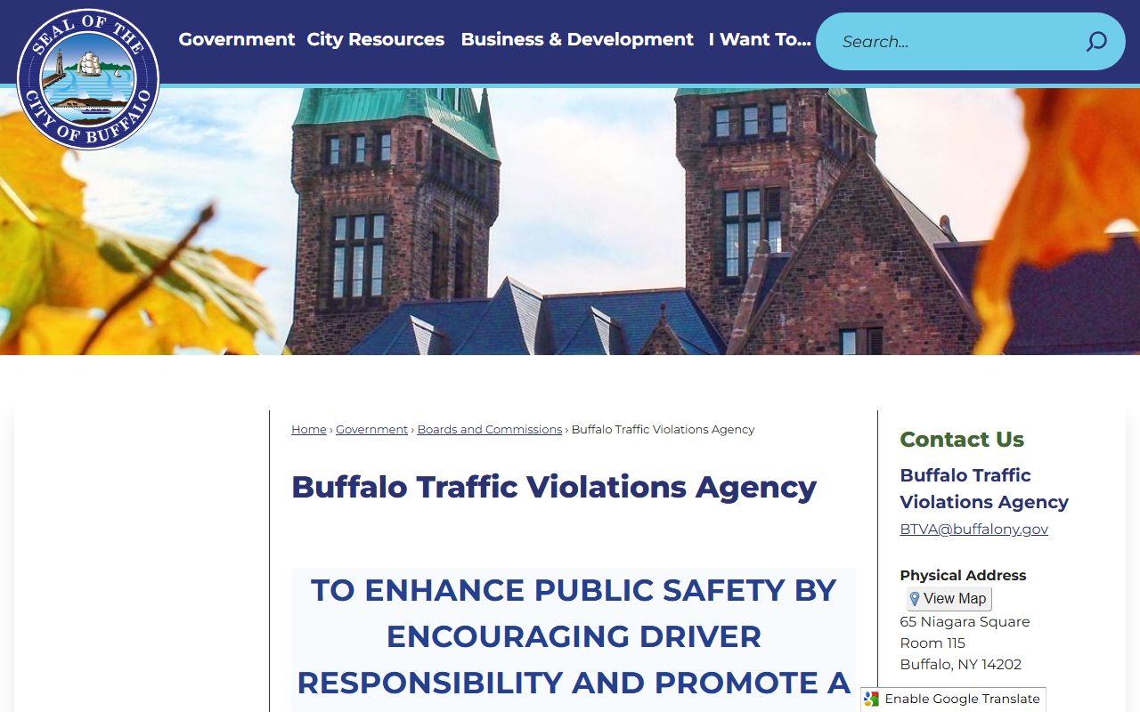 Buffalo Traffic Violations Agency official page showing address and hours