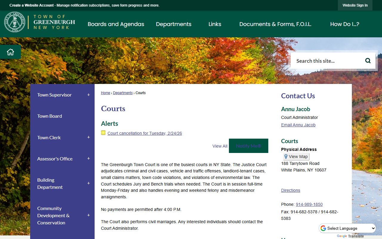 Greenburgh Town Court page showing court information and contact details