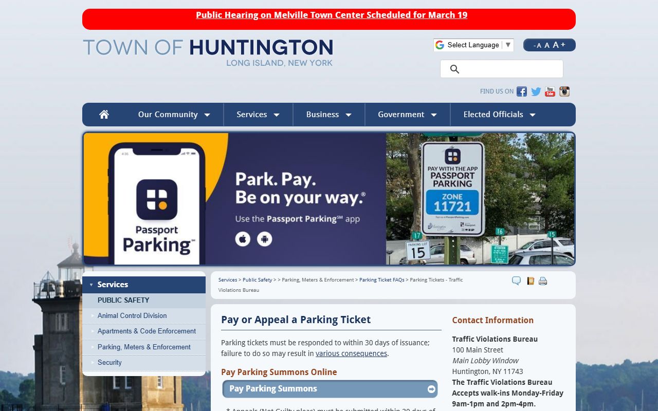 Huntington Traffic Violations Bureau page showing hours and contact details