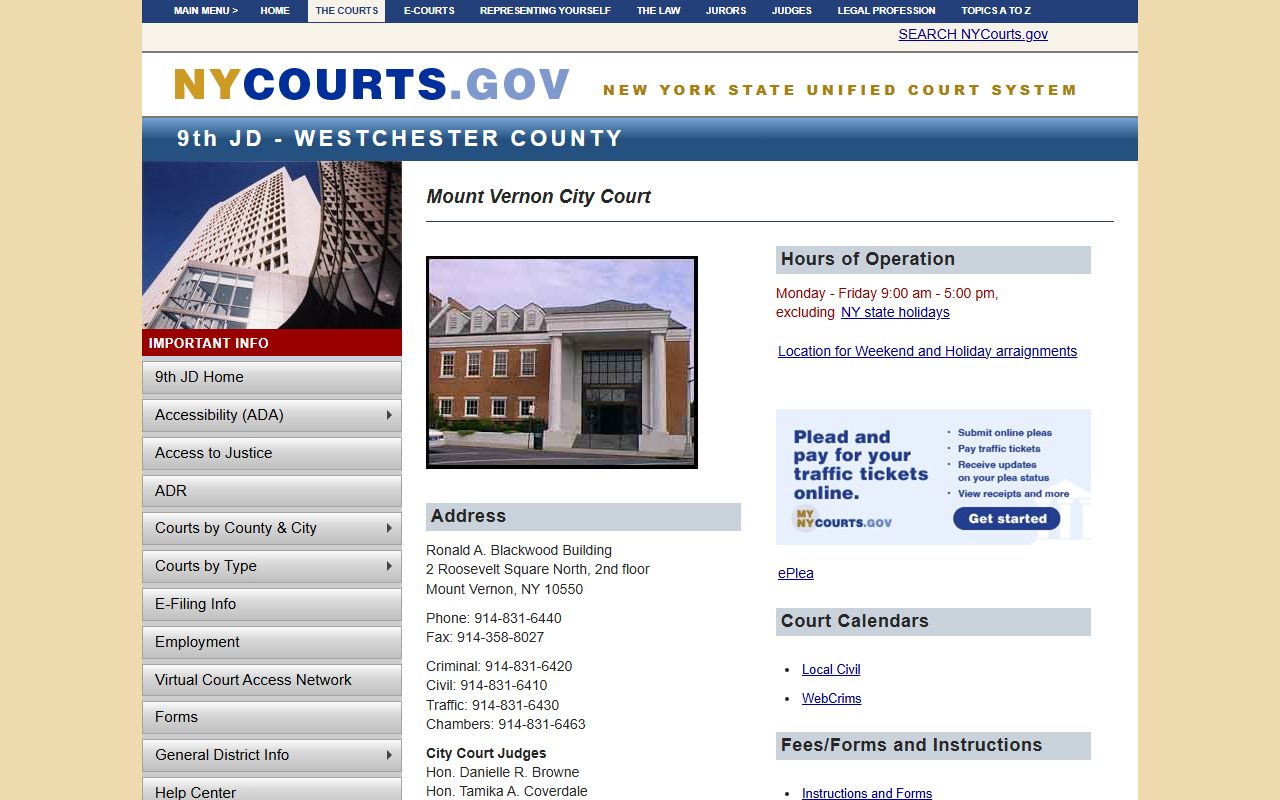 Mount Vernon City Court page on the New York State Courts website showing court details and contact information