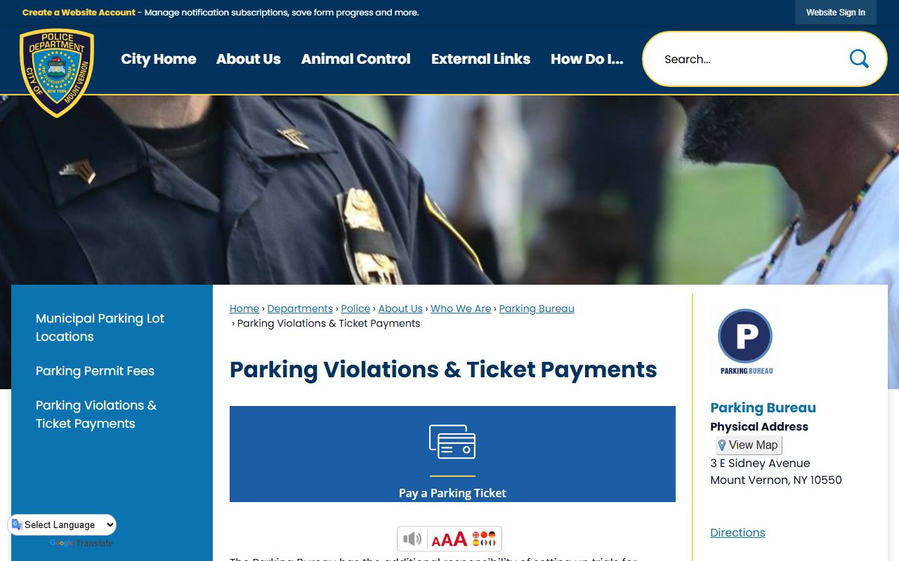 Mount Vernon parking violations and ticket payment page on the city website