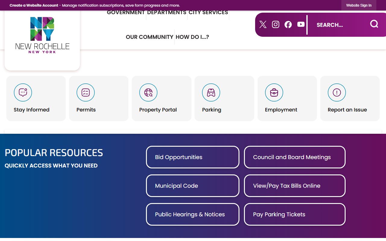 New Rochelle city website with parking and court information