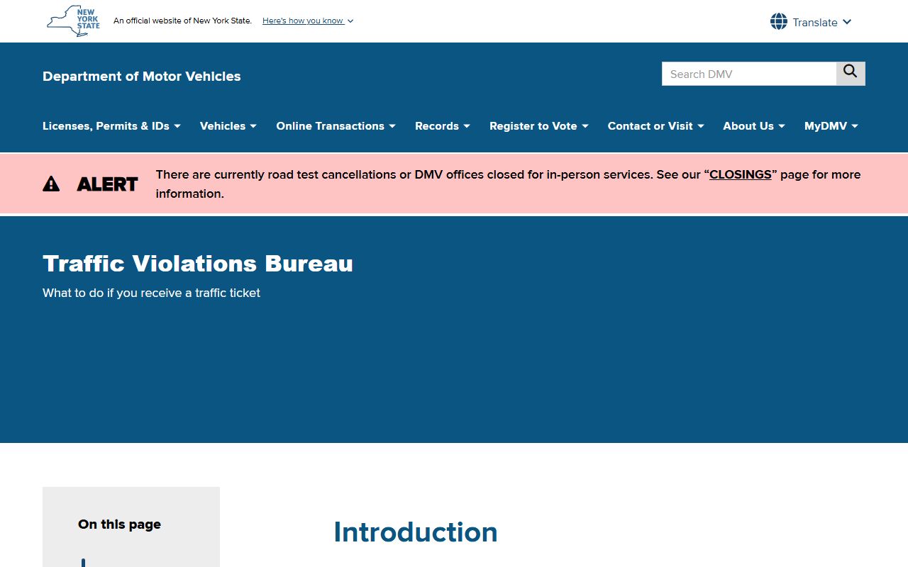 NYS DMV Traffic Violations Bureau page showing NYC ticket procedures