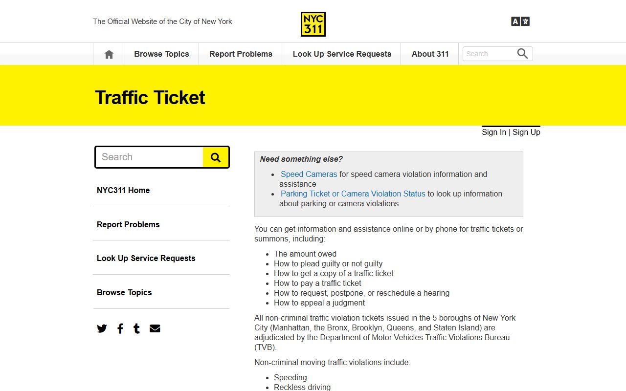 NYC311 traffic ticket information page with TVB office details
