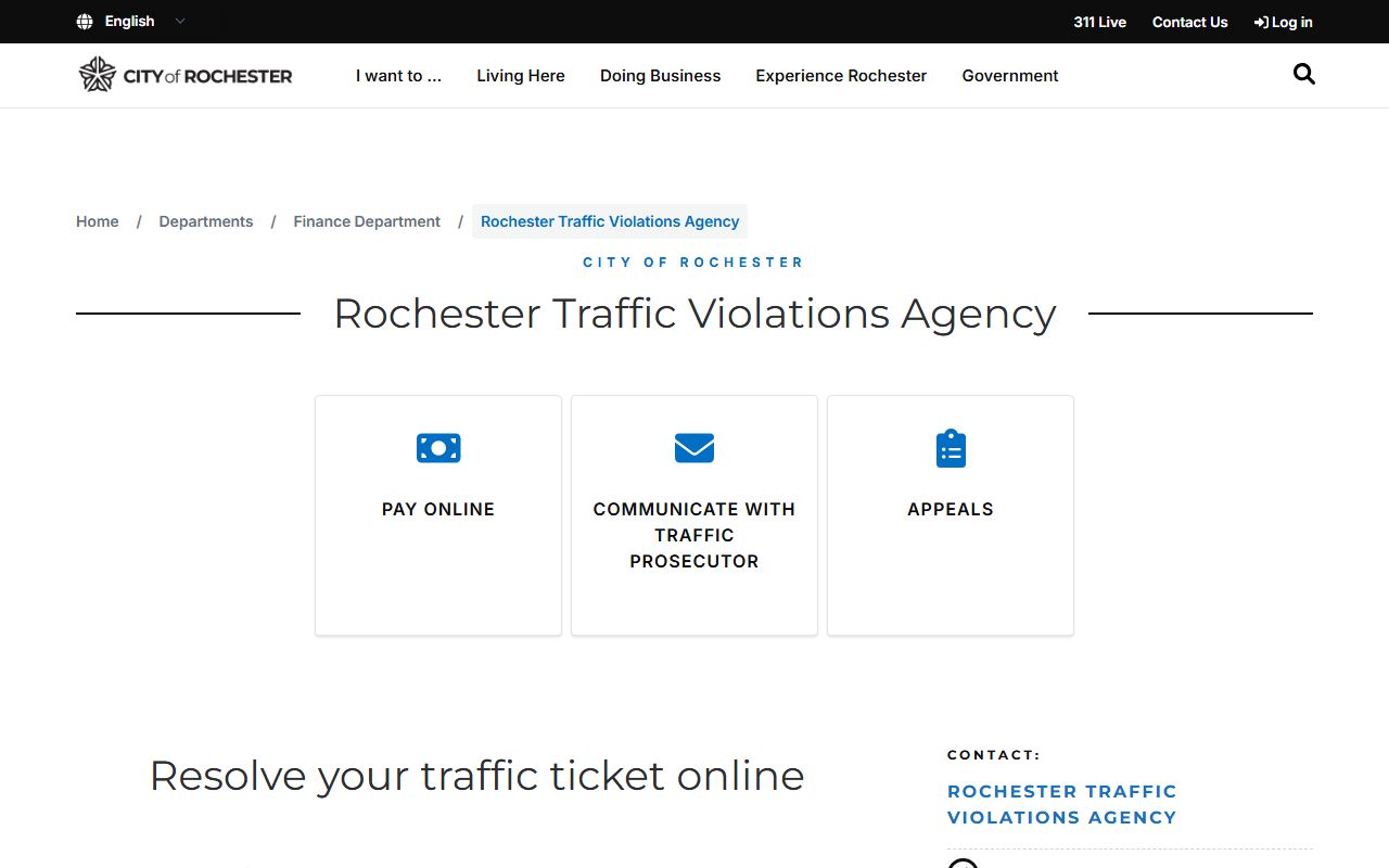Rochester Traffic Violations Agency official page with address and procedures