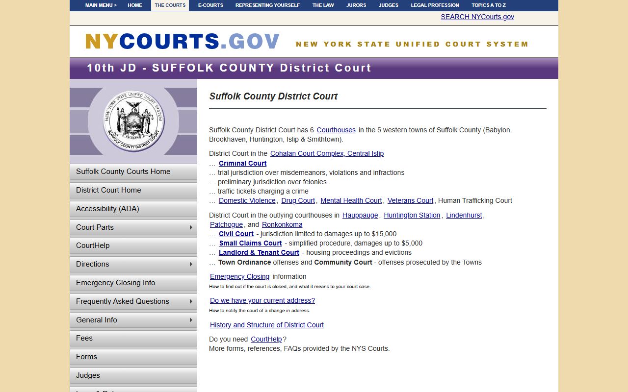 Suffolk County Fourth District Court page showing Smithtown courthouse location
