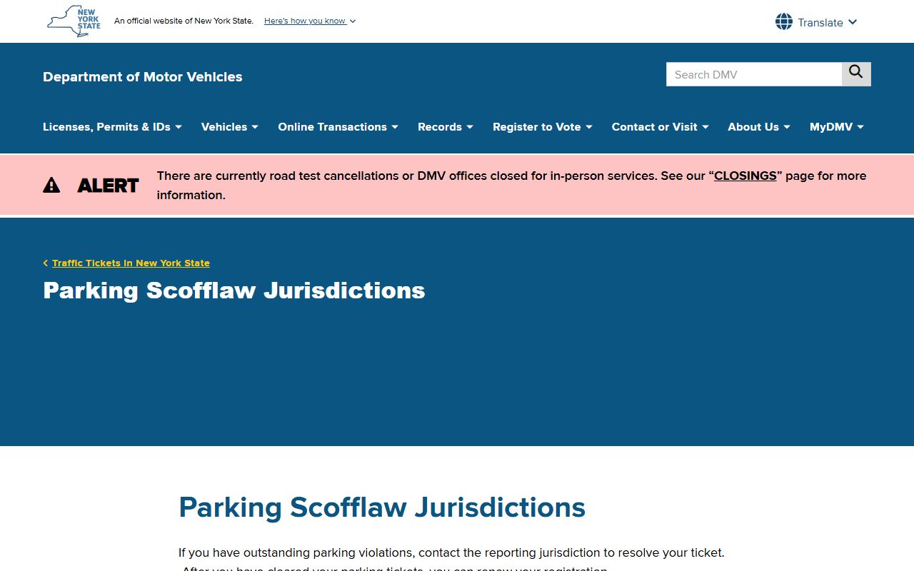 NYS DMV parking scofflaw jurisdictions page listing Troy City comptroller contact details