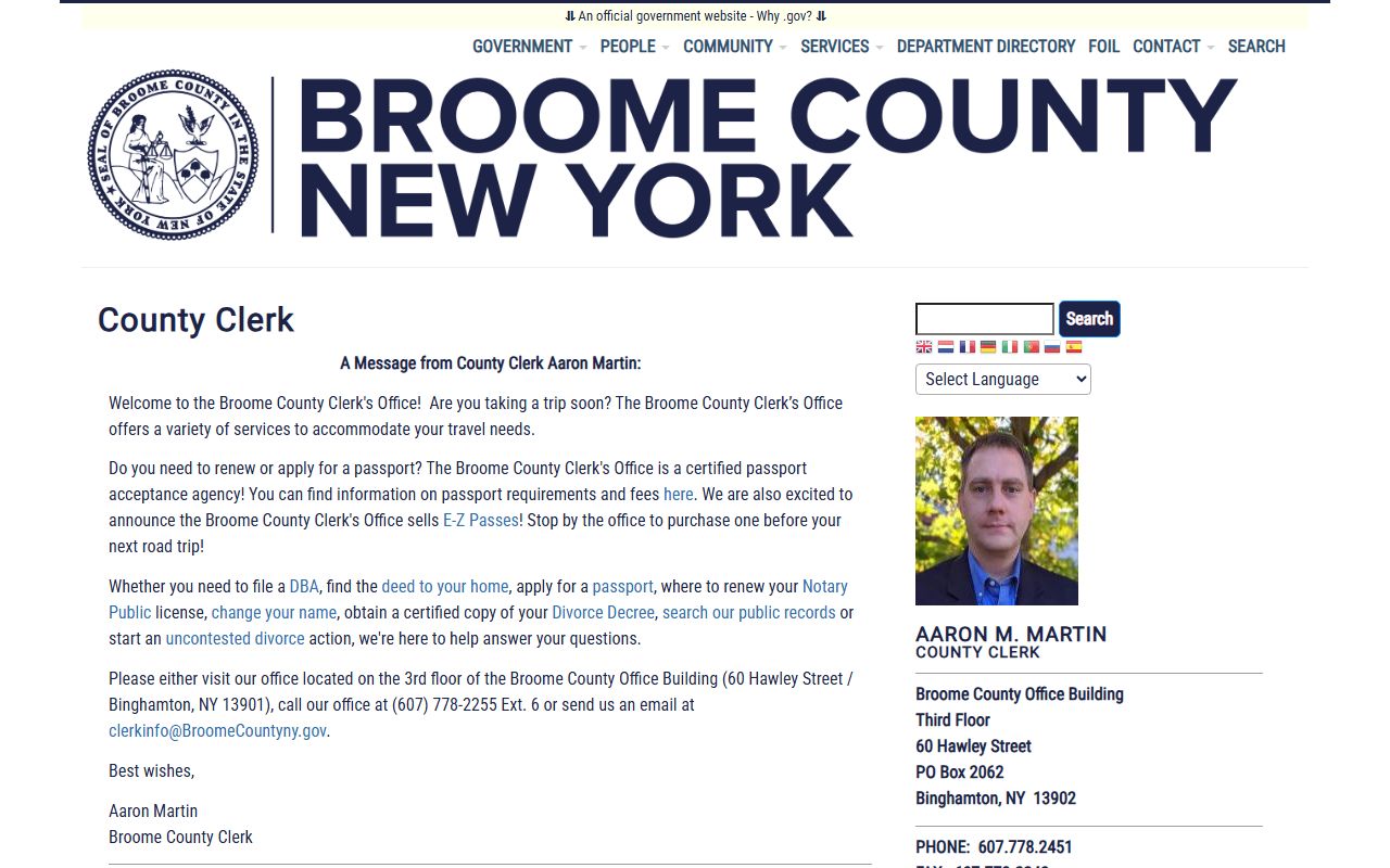 Broome County Clerk website with office information and services