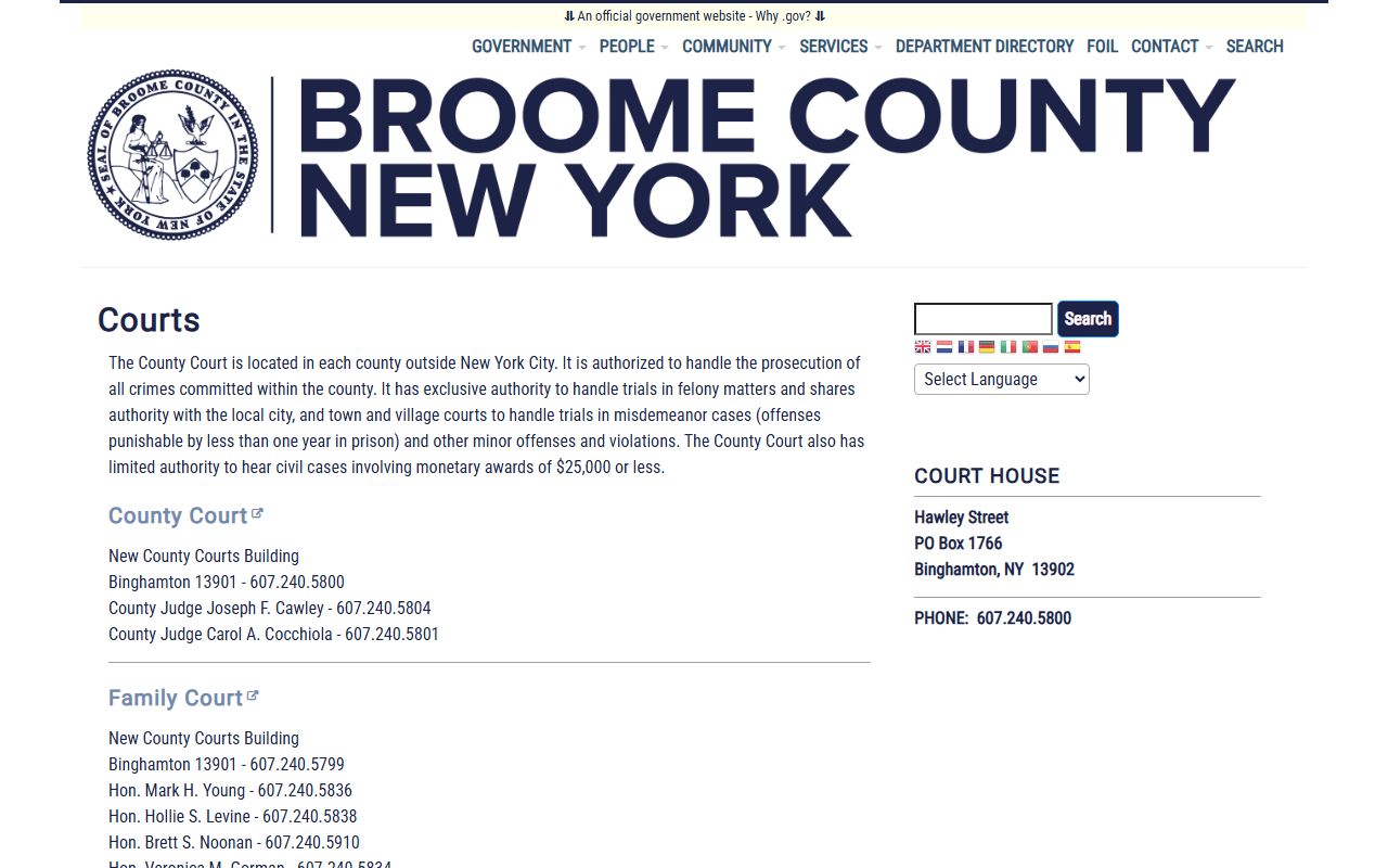 Broome County Courts webpage showing courthouse contact information