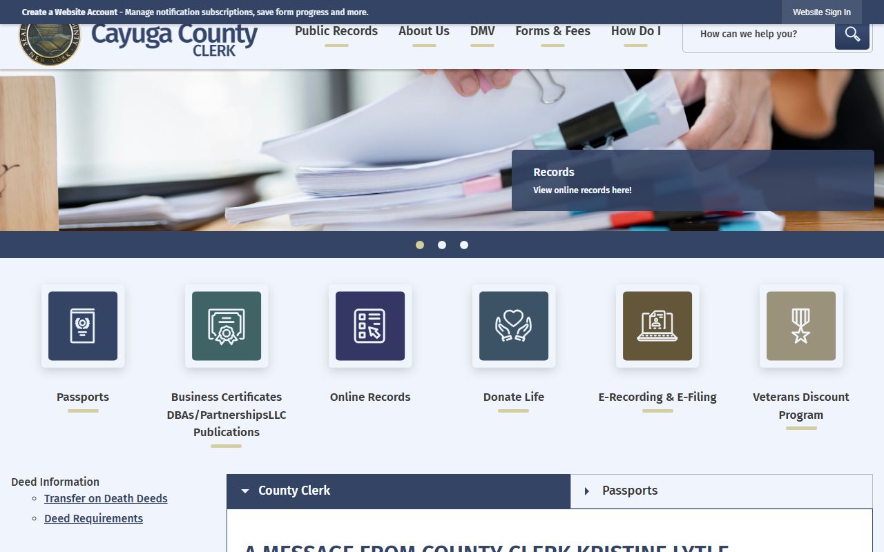 Cayuga County Clerk website with office details and services