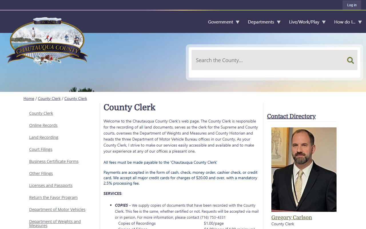 Chautauqua County Clerk website showing office details and services