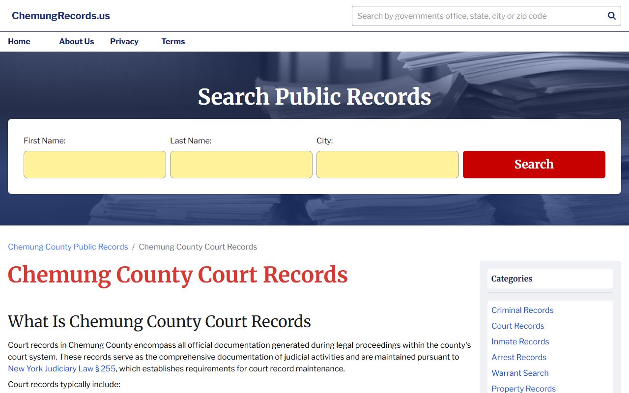 Chemung County court records website explaining record types and access