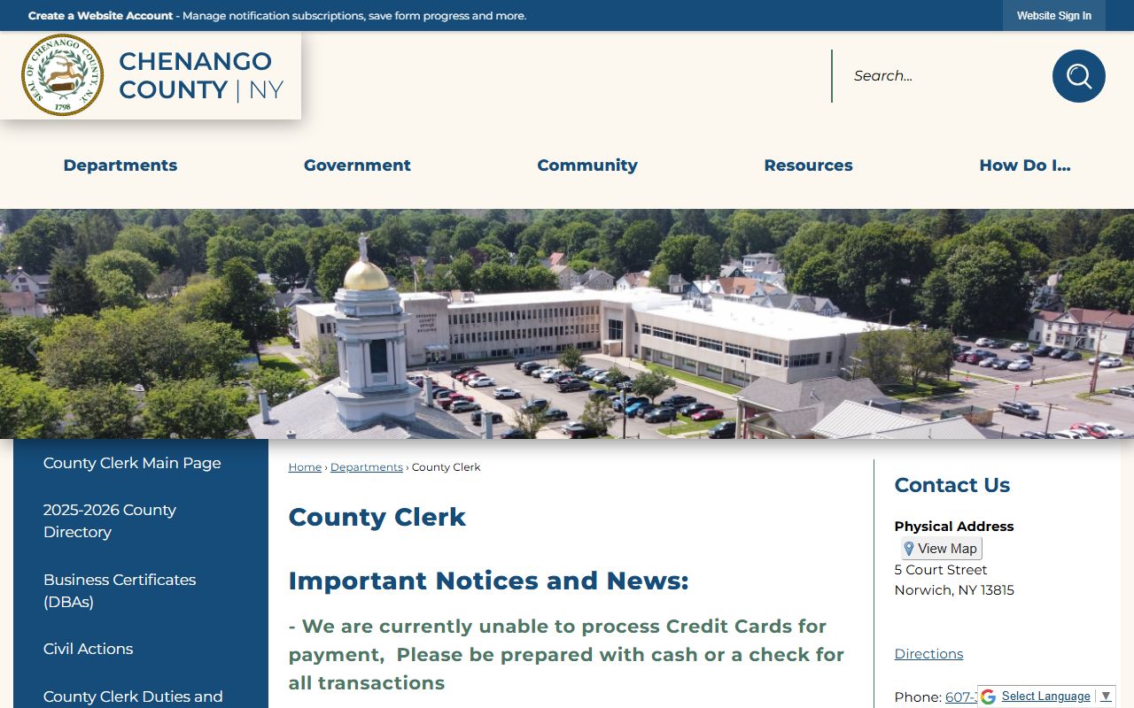 Chenango County Clerk website with office information