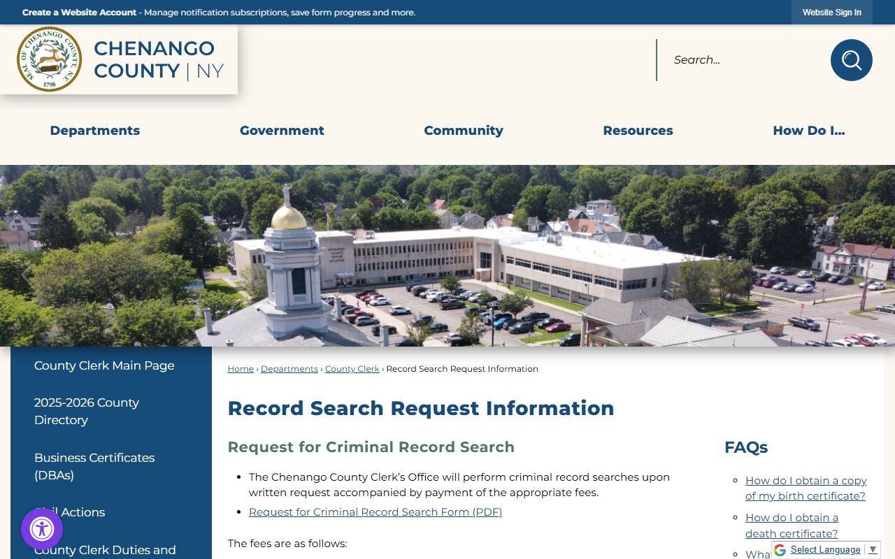 Chenango County record search request information page