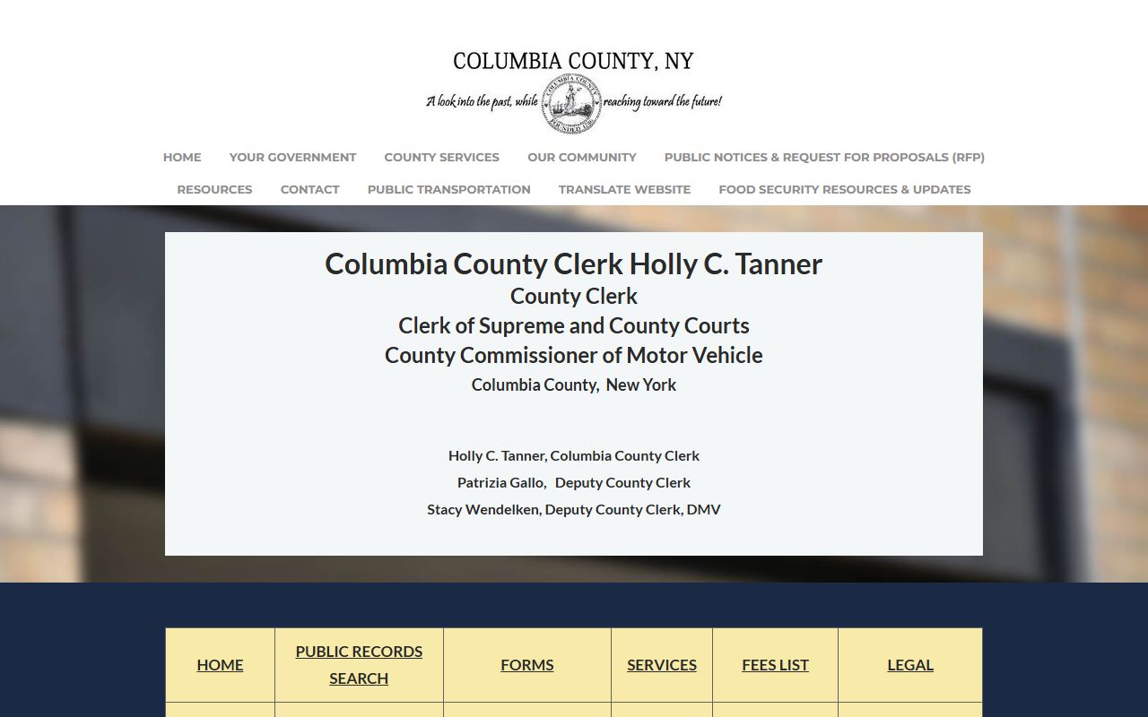 Columbia County Clerk website showing office hours and contact details