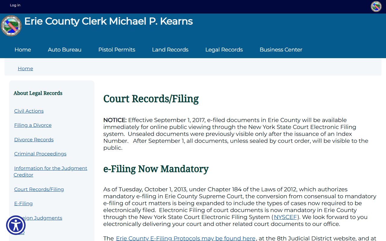 Erie County Clerk court records filing page