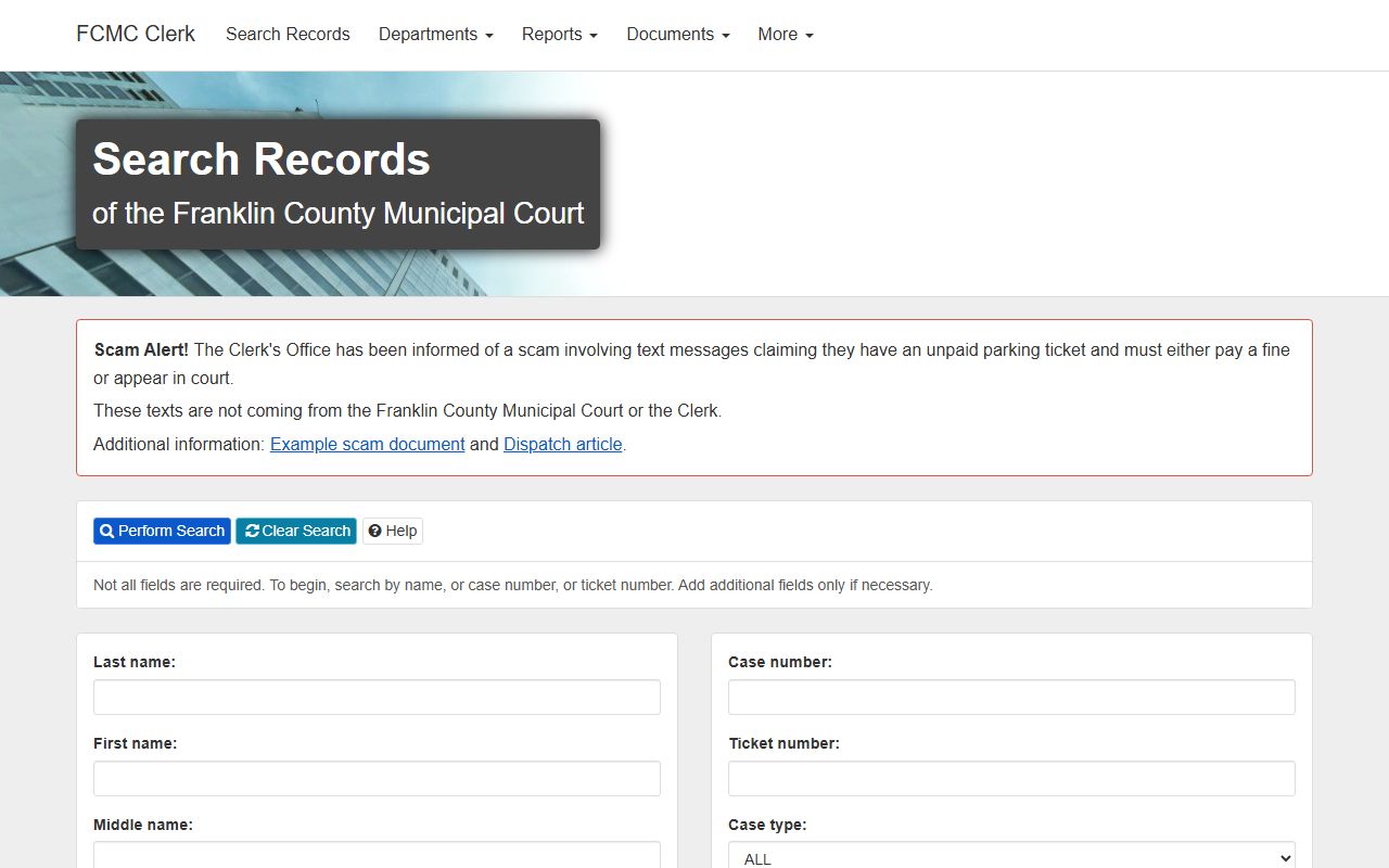 Franklin County Municipal Court Clerk search page