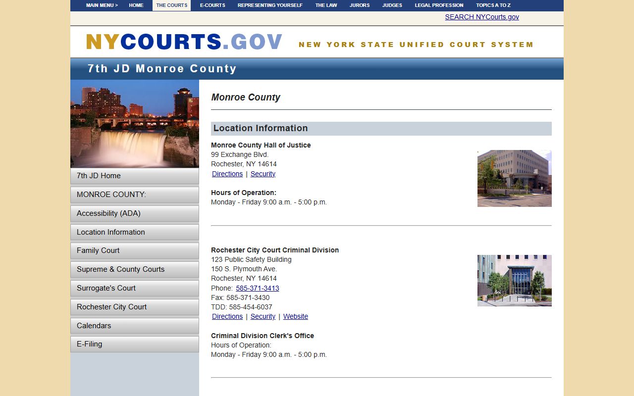 Monroe County courts page listing traffic court information