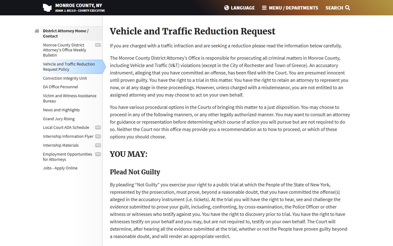 Monroe County DA traffic ticket reduction program for traffic court records