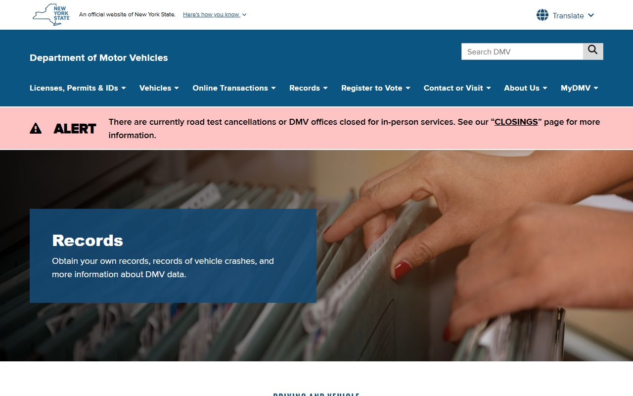 NYS DMV records request page for traffic court records